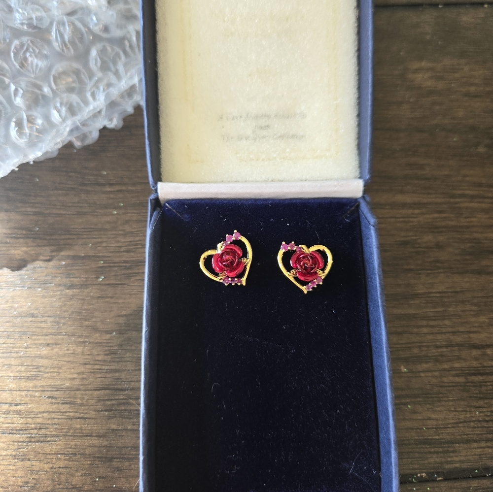 The Bradford Exchange "Forever Yours" Ruby Earrings With Sculpted Roses - Picture 4 of 7